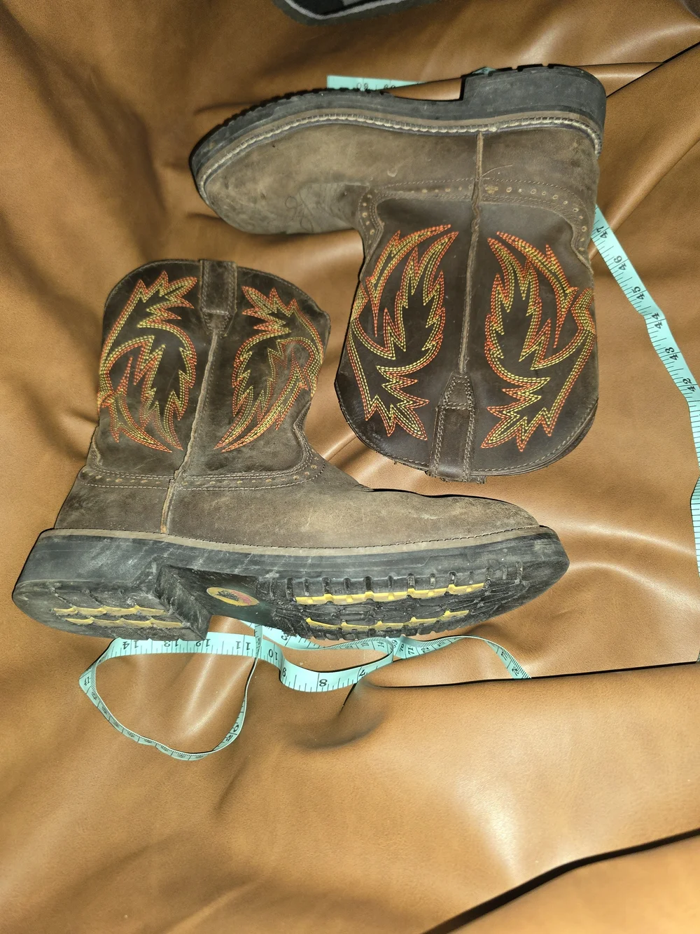 Men's 8.5 Brown Western Work Boots with Embroidered Flame Detail